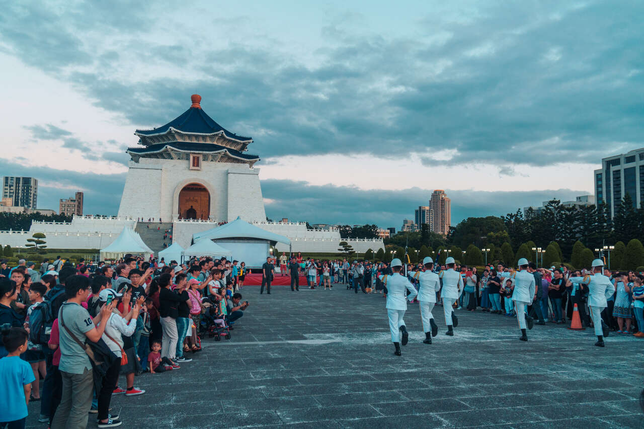 The flag coming down ceremony at National Chiang Kai-shek Memorial Hall in Taipei, Taiwan.