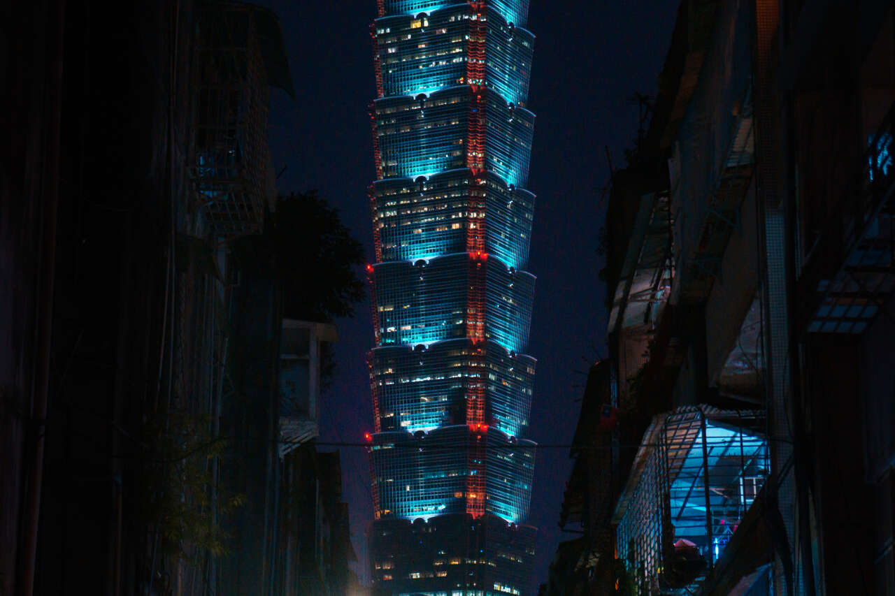 The Taipei 101 skyscraper at night in Taipei, Taiwan.