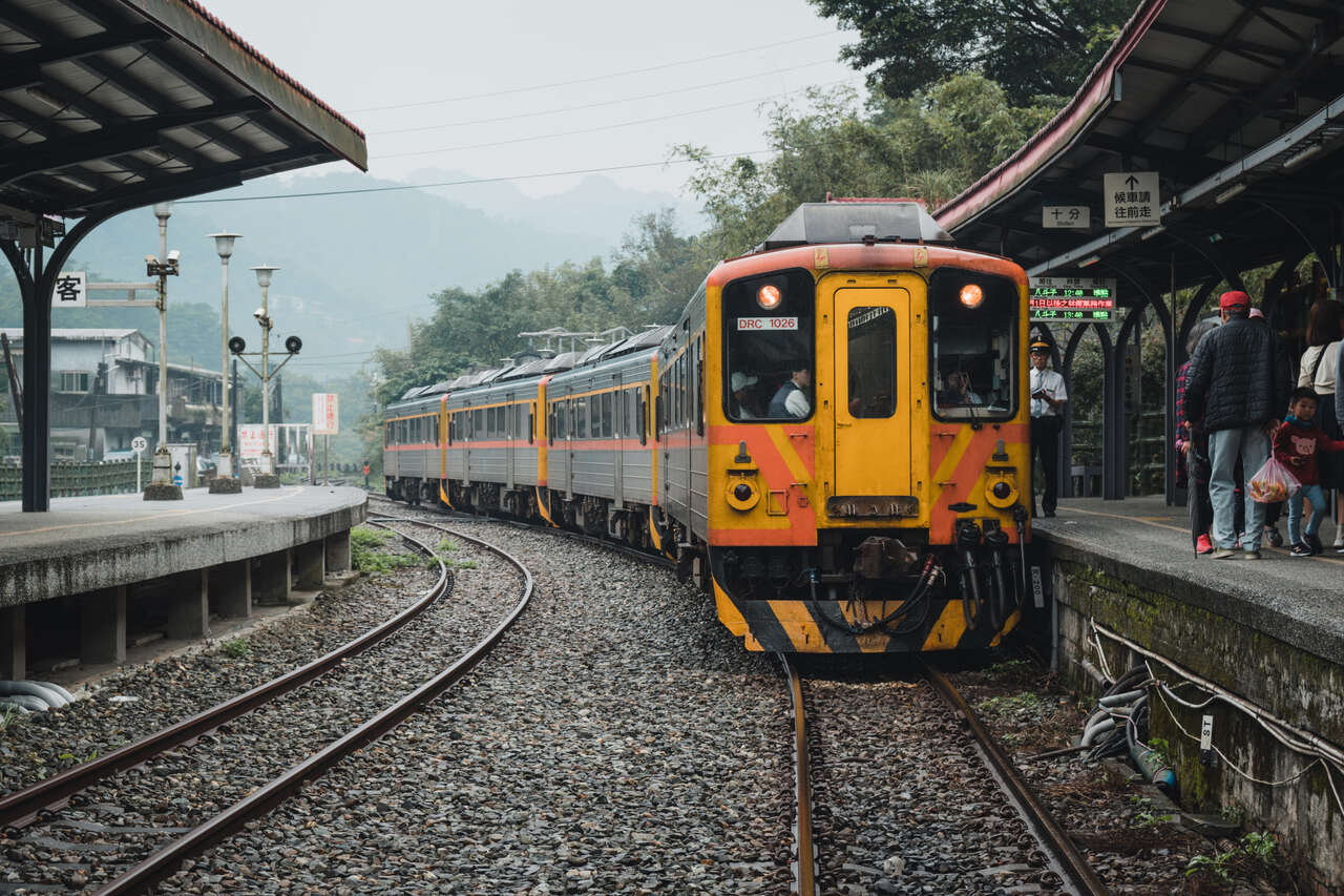 A Train stoping at the platform in Shifen, Taiwan.