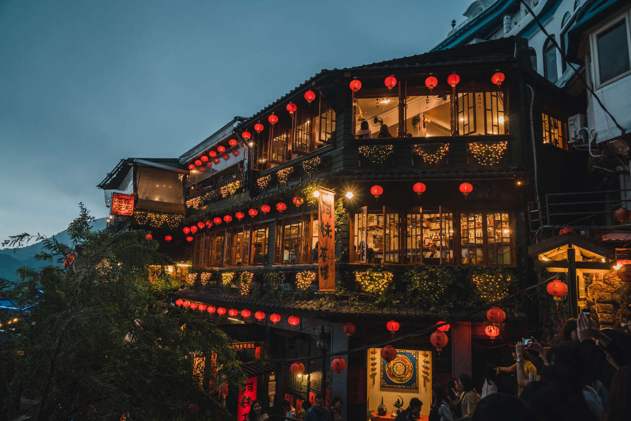 A-MEI Tea House that inspired Spirited Away at night in Jiufen, Taiwan