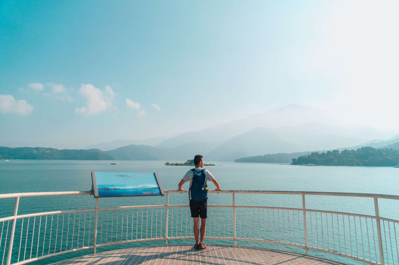 Me looking at Sun Moon Lake from Xiangshan Scenic Outlook in Taiwan.