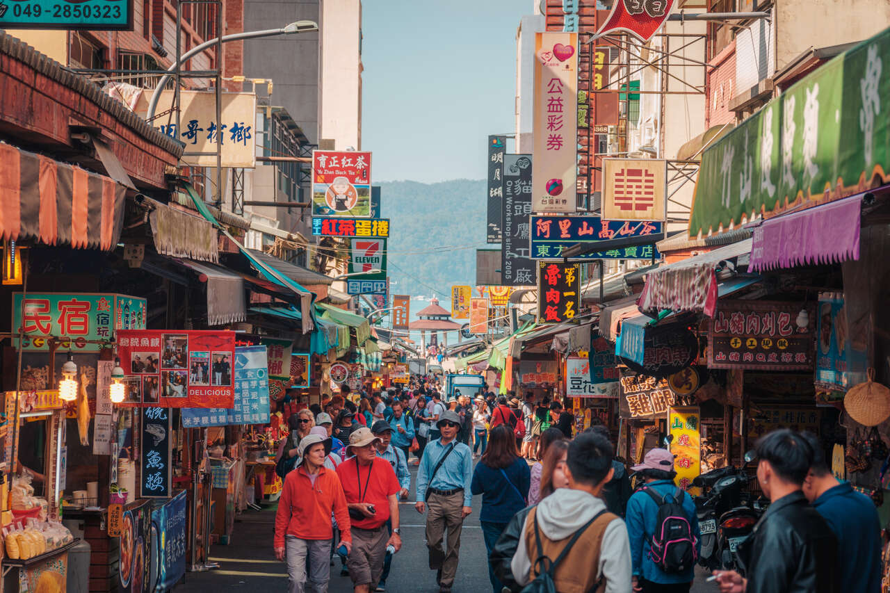 The crowded street of Ita Thao Shopping District at Sun Moon Lake in Taiwan.