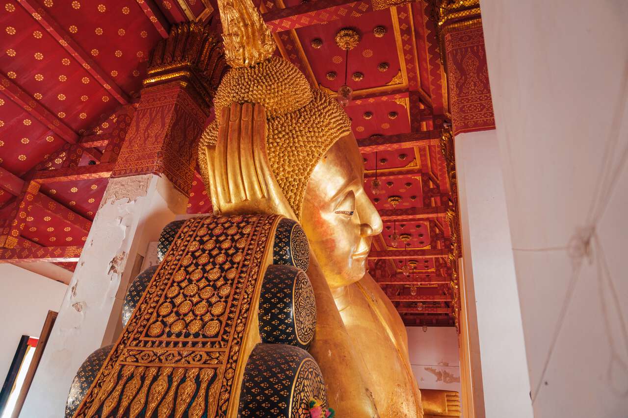 The Revered Reclining Buddha Image at Wat Pa Mok Worawihan in Ang Thong from the side