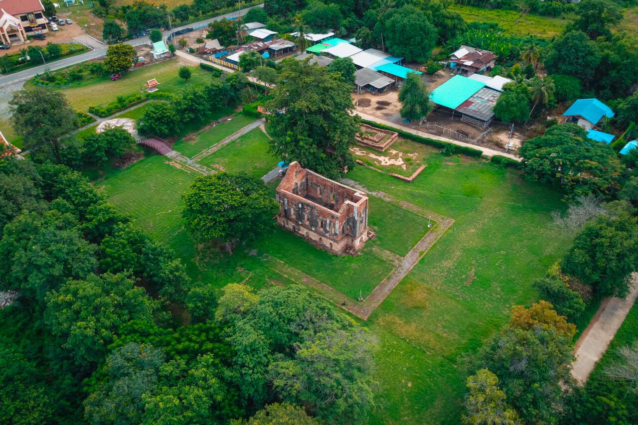 An aerial view of Phra Tamnak Kham Yat Ruin in Ang Thong