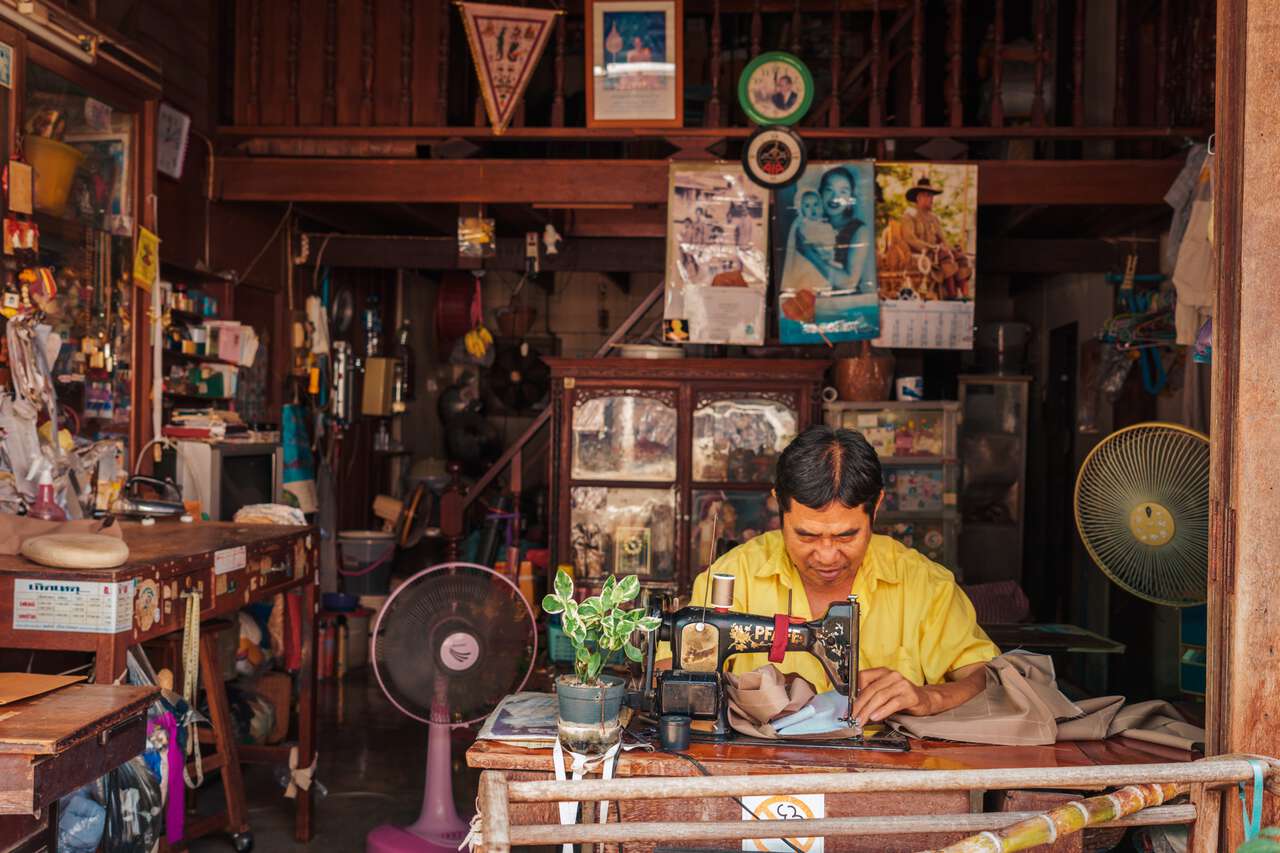 A tailor shop at San Chao Rong Thong Vintage Market in Ang Thong