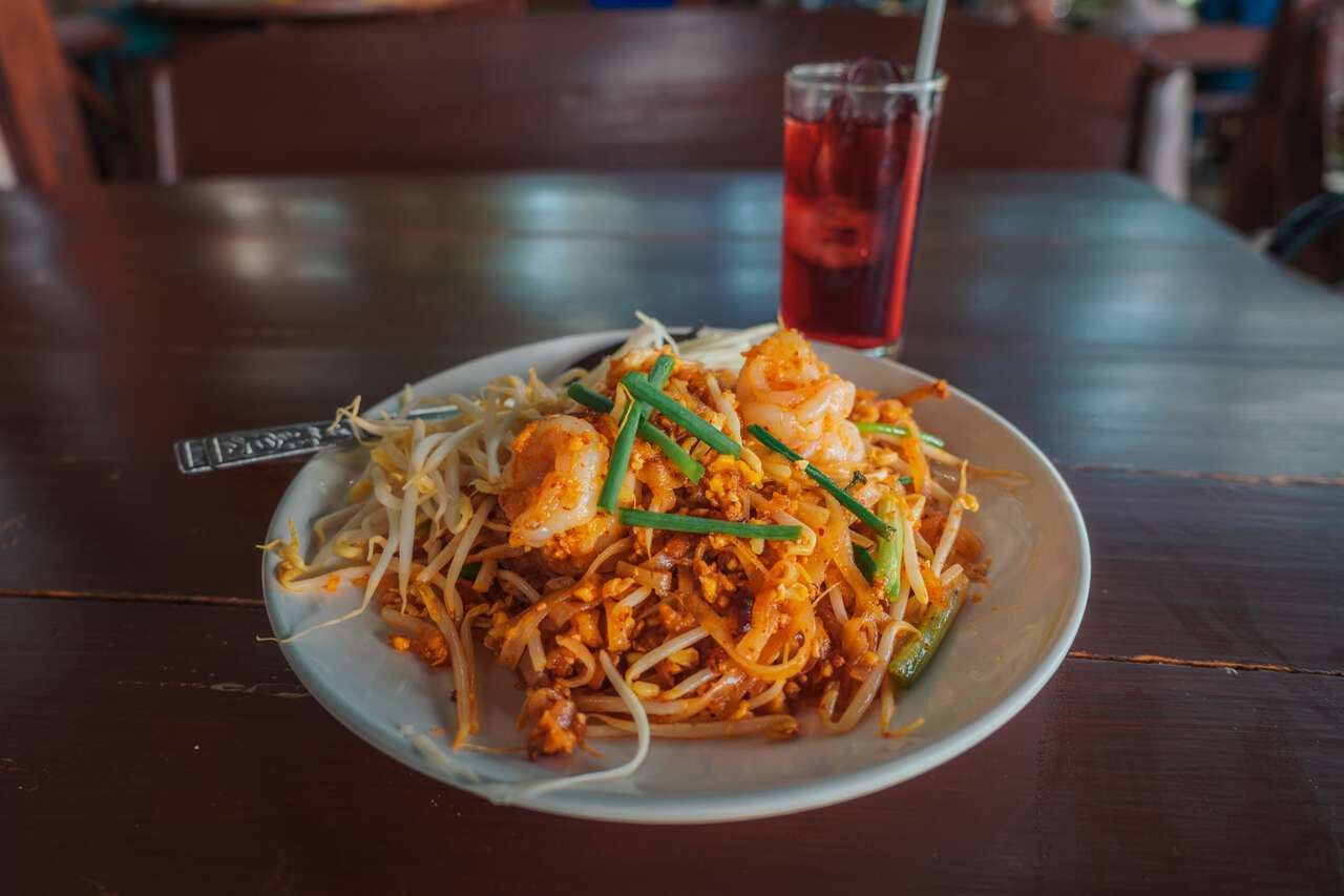 A Prawn Pad Thai dish at Niramit Restaurant in Ang Thong.