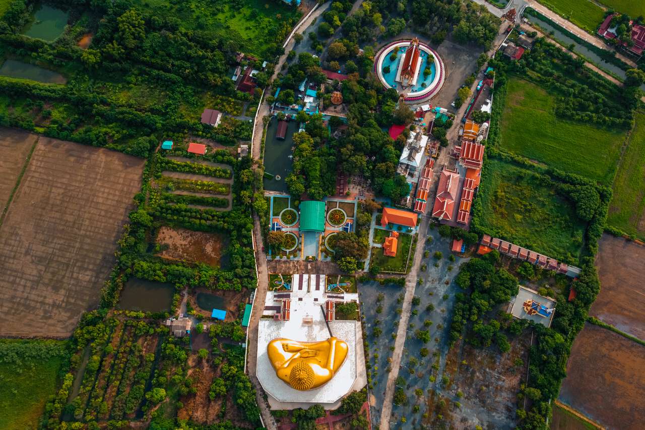 A bird's eye view of Wat Muang and the Great Buddha of Thailand in Ang Thong.