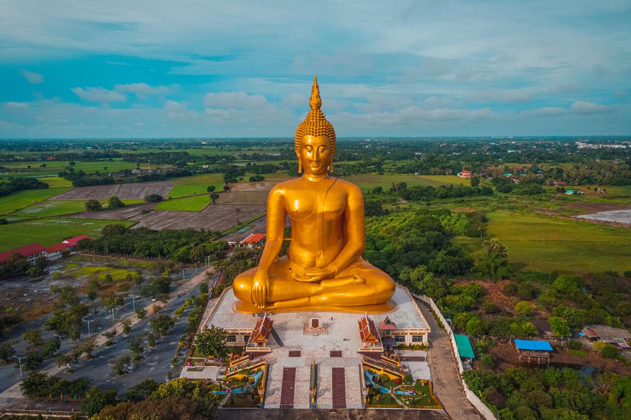 An aerial view of the Great Buddha of Thailand in Ang Thong