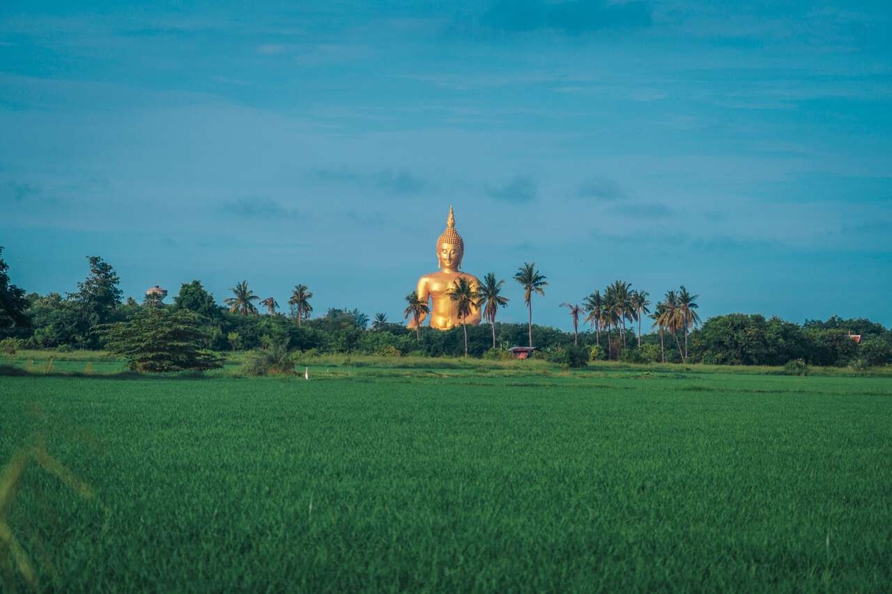 The Great Buddha of Thailan as seen from The Lao Cafe in Ang Thong.