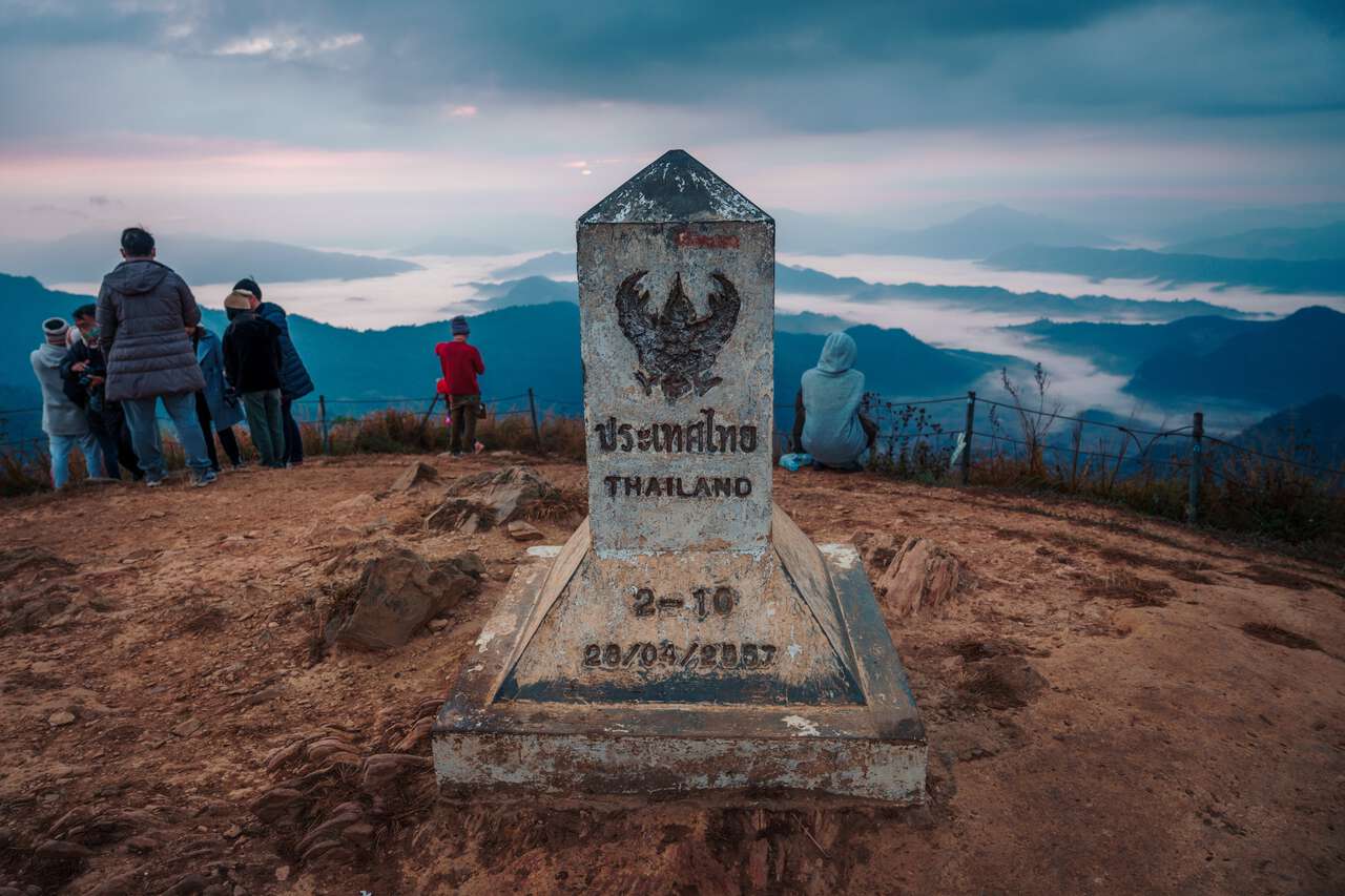 The kilometer sign at the top of Phu Chi Fa in Chiang Rai at sunrise