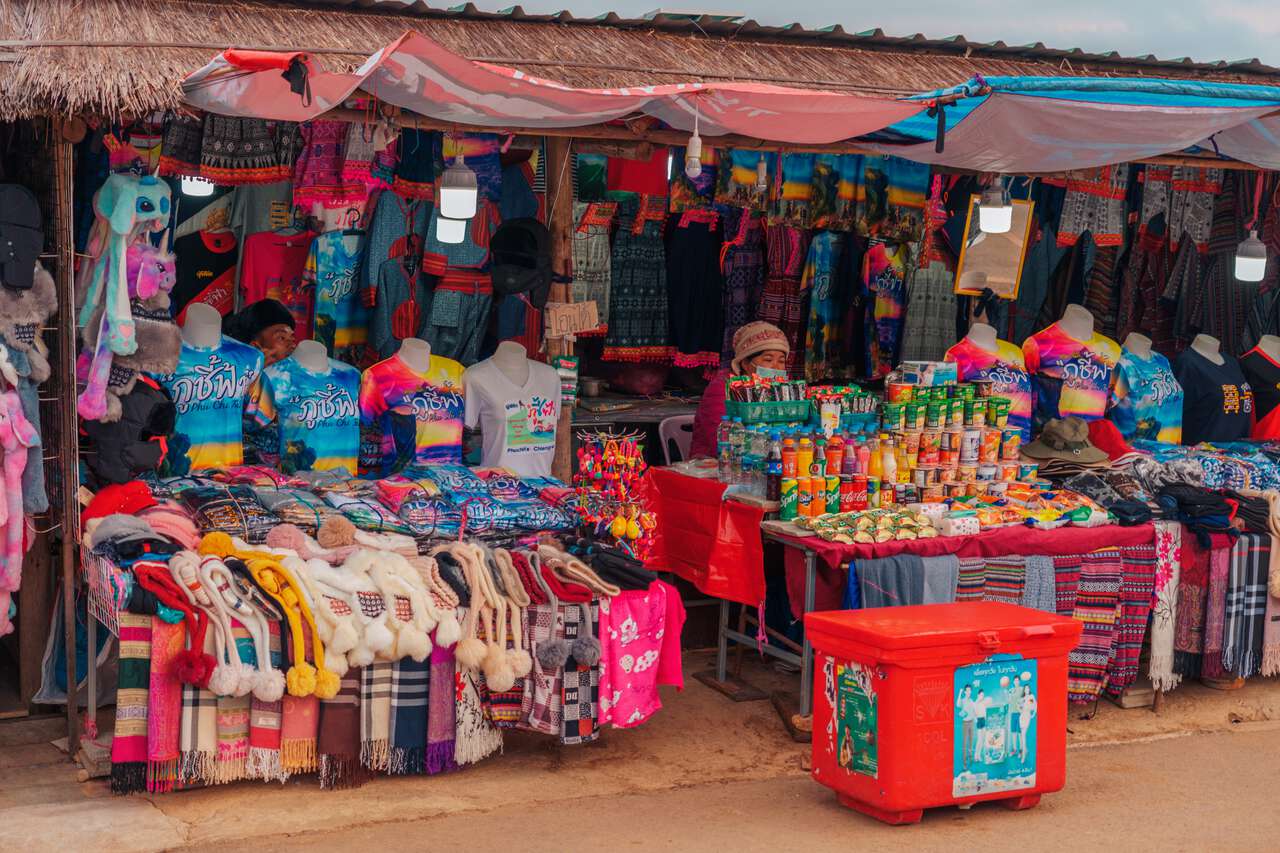 Shops selling food and winter clothes at the base of Phu Chi Fa in Chiang Rai