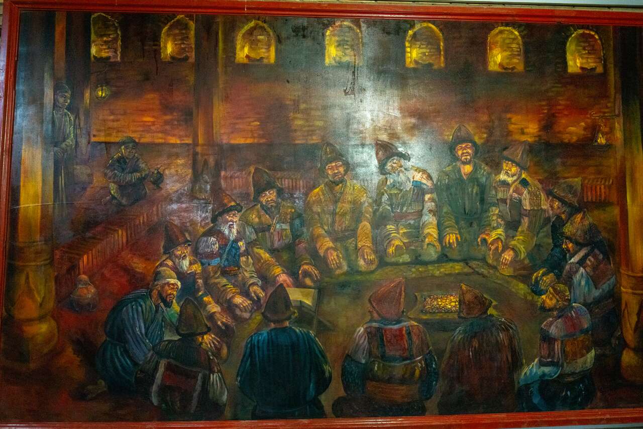 A painting inside The Underground Mosque in Turkestan