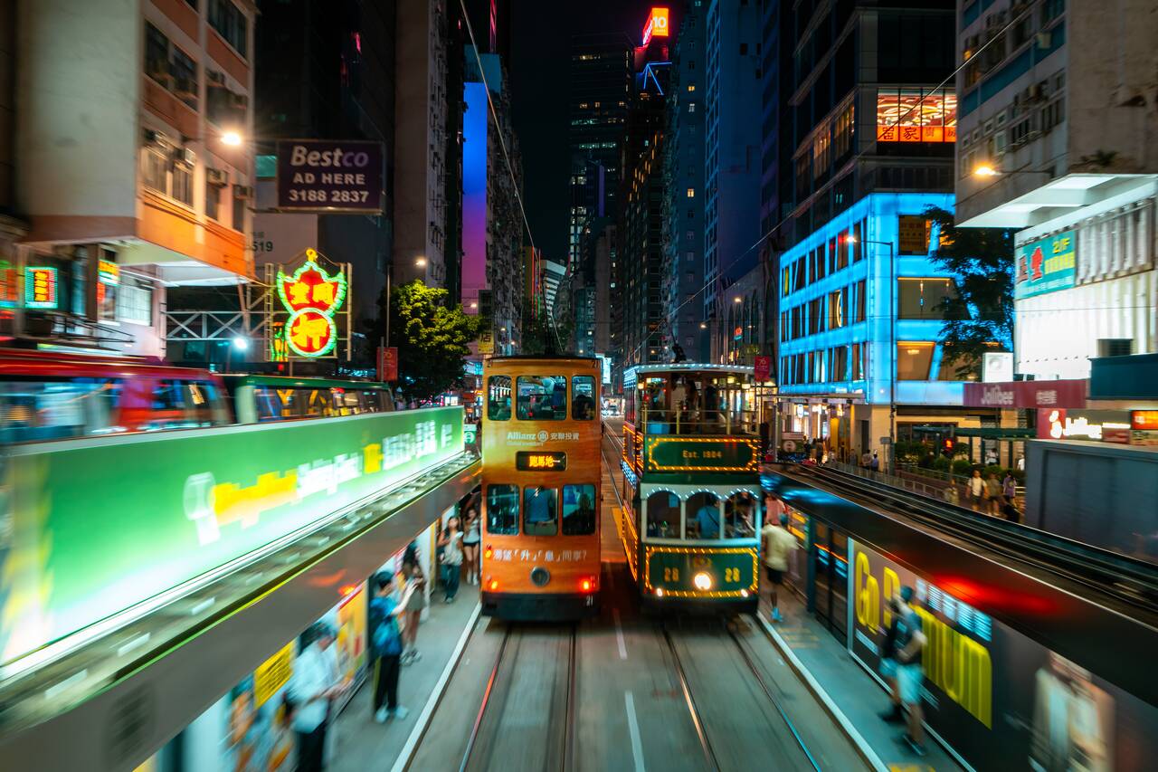 Trams in Hong Kong at night