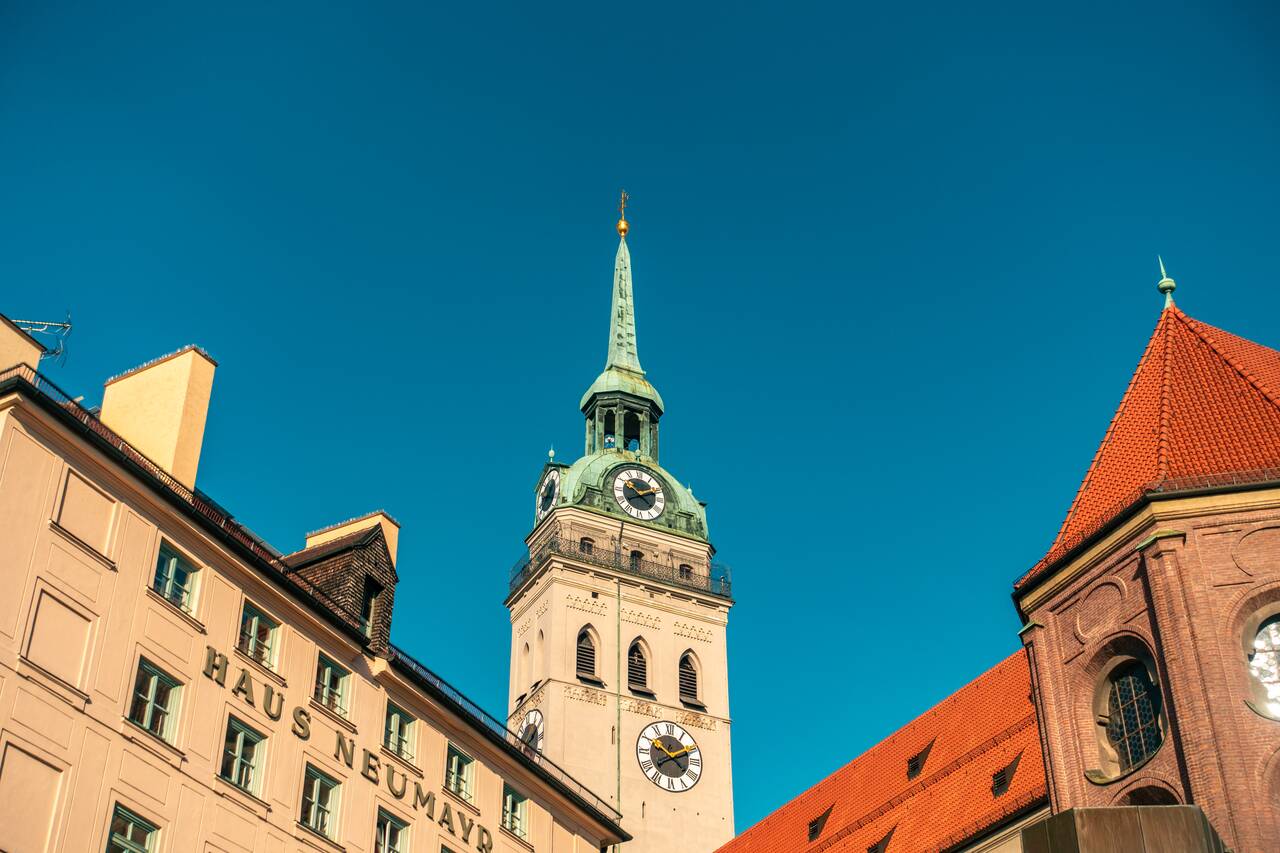 St. Peter's Church lookout tower in Munich seen from below