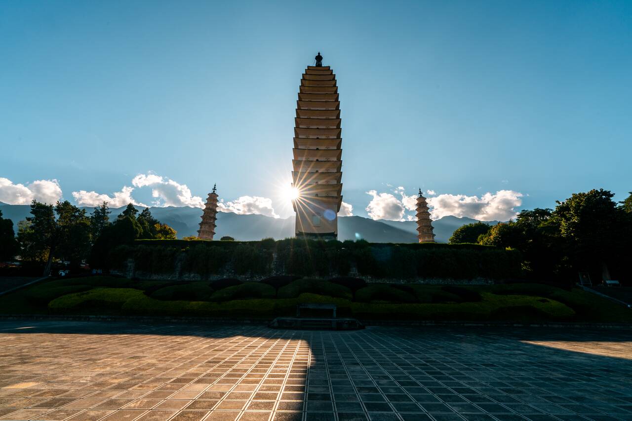 The Three Pagodas with the sun behind it