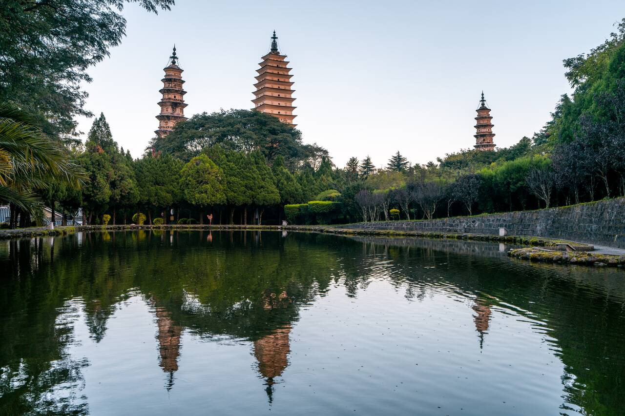 The Three Pagodas seen at the Reflection Pools