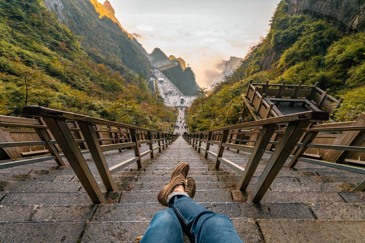 Me looking down the 999 stairs at Tianmen Mountain
