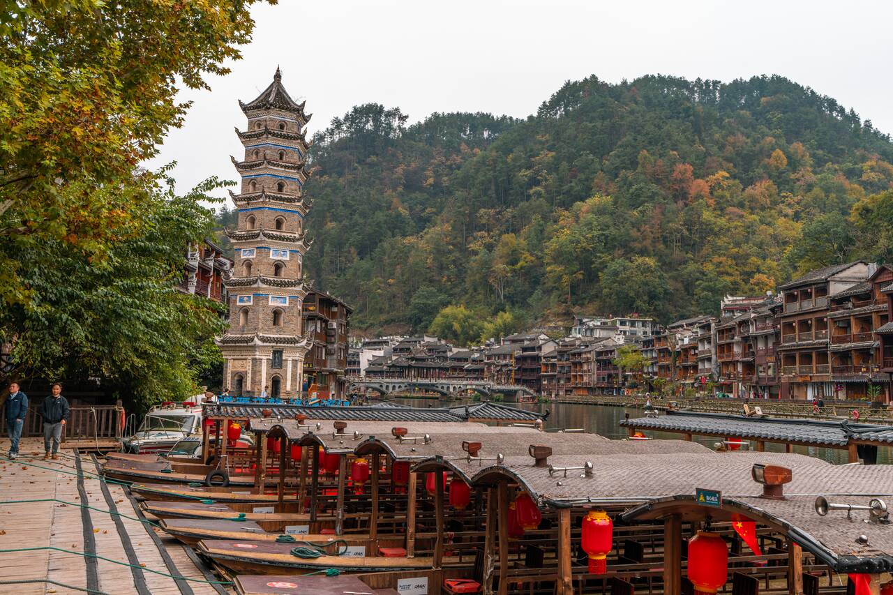 Boats lined up the river at Fenghuang