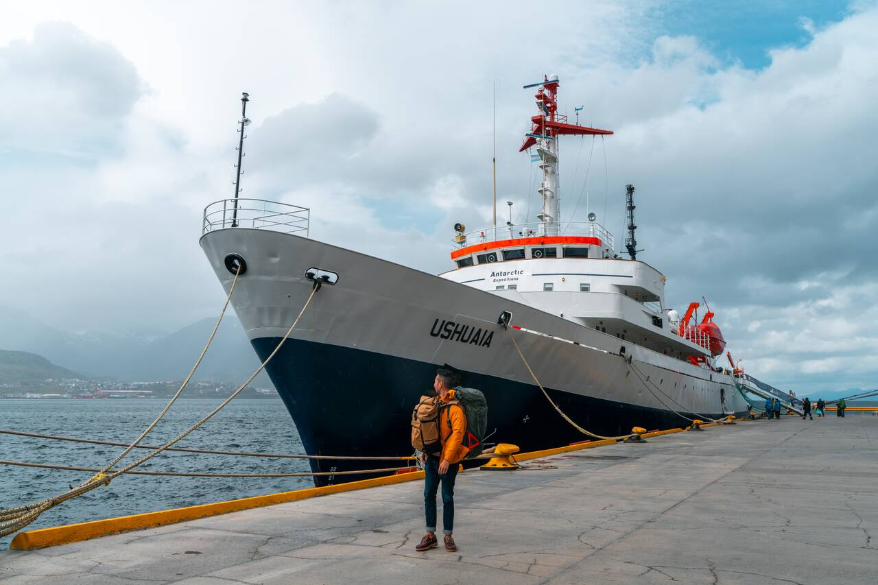 Me standing in front of the Ushuaia ship bound for Antarctica