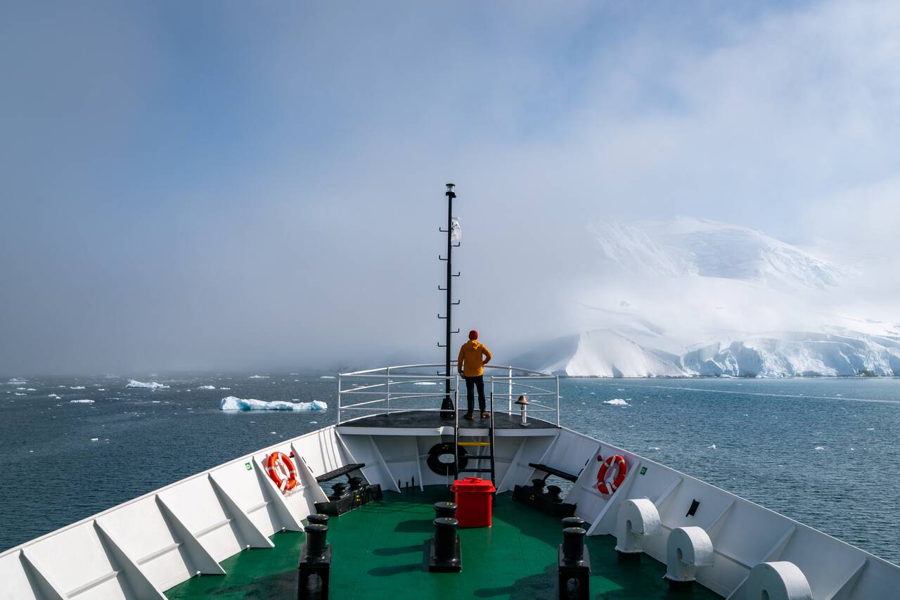 Me standing at the front of the ship in Antarctica