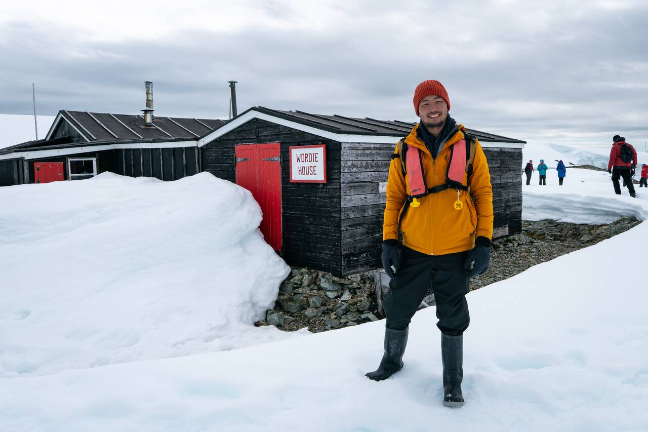 Me looking at Wordie House in Antarctica