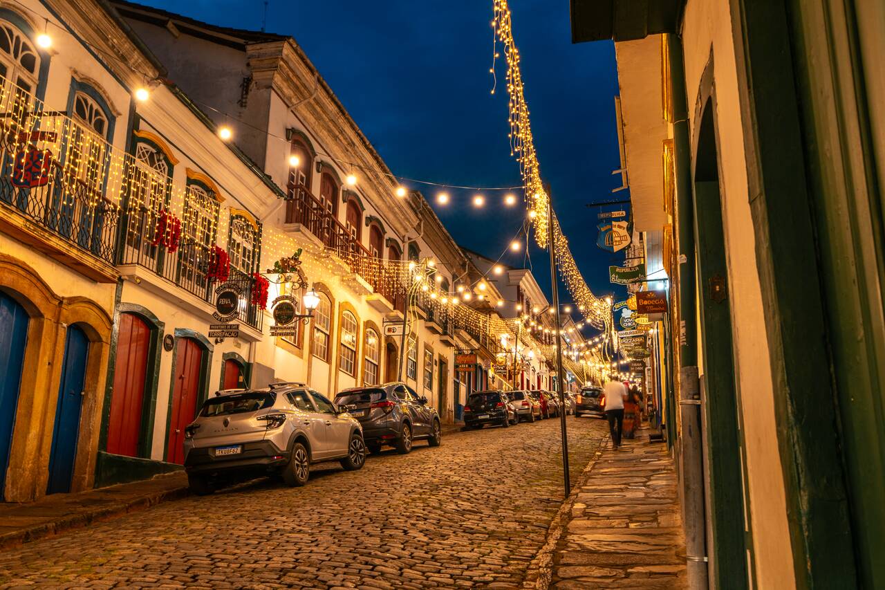 Beautiful light along the street full of restaurants