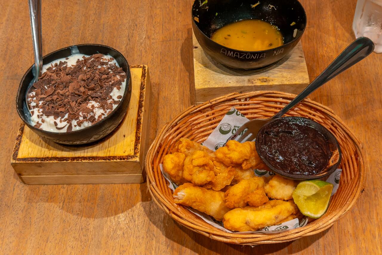 Acai used as sauce for savory food at Amazônia na Cuia
