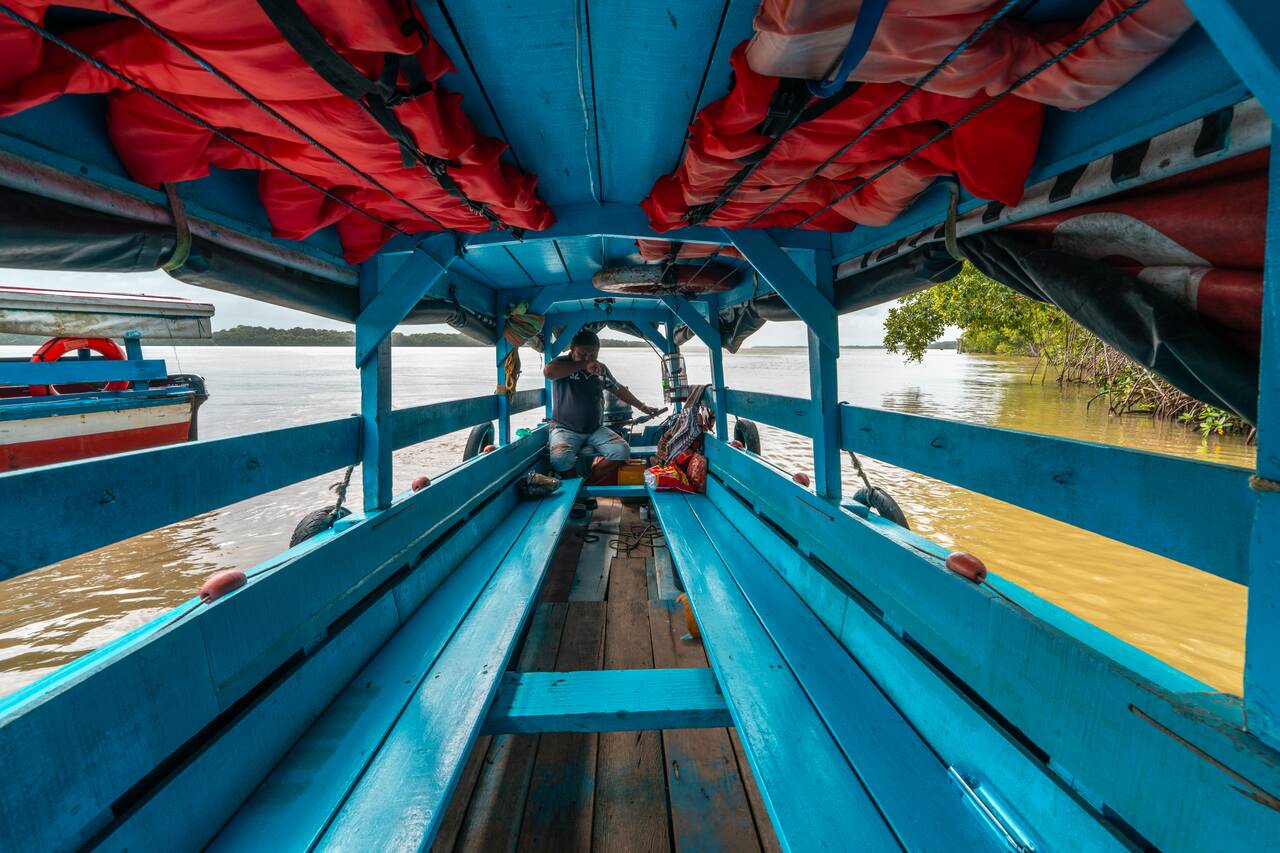 Inside a boat that took me to see the dolphin in Paramaribo