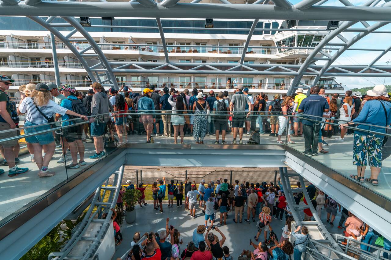 A crowded viewing platform at Panama Canal