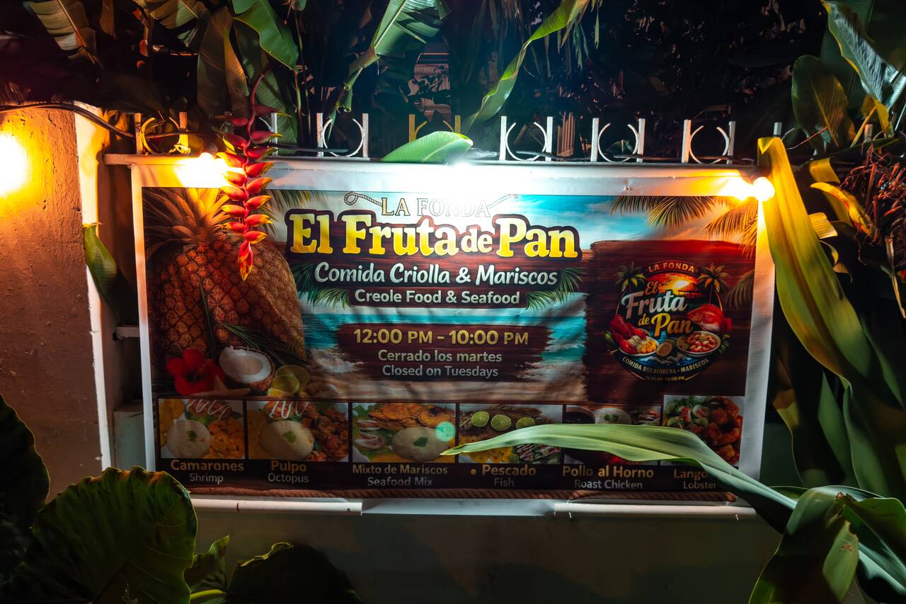 La Fonda El Fruta de pan sign in front of the restaurant