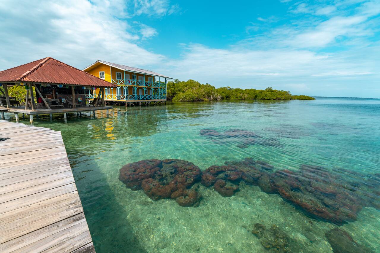The clear water at an eco-lodge over the water in Bocas del Toro