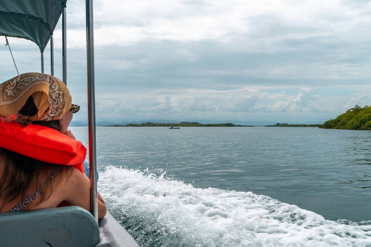 A woman on a speed boat at Bocas del Toro