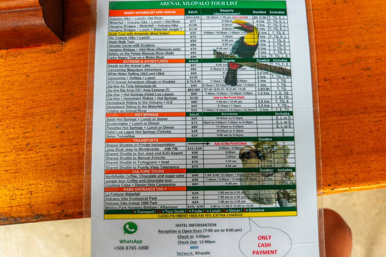 Tour prices from my hotel in La Fortuna