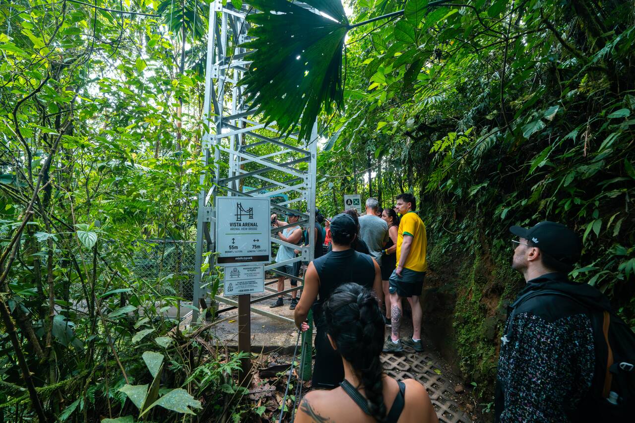 The queue waiting to cross the first suspension bridge at Mystico