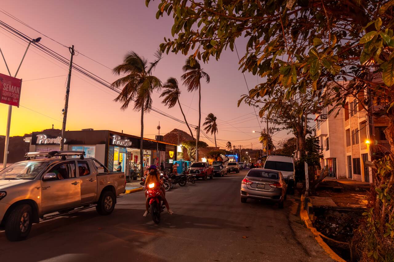 Lively street in San Juan del Sur at night