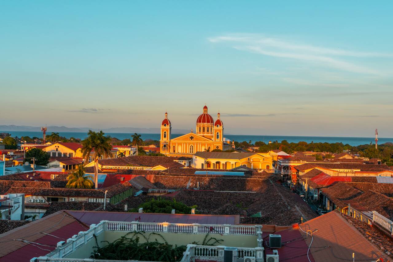 Cityscape at sunset seen from Iglesia La Merced