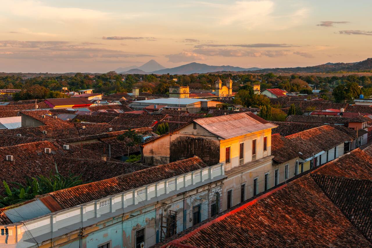 The landscape and cityscape around Granada seen from above at sunset