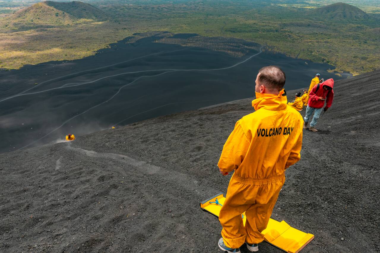 People getting ready to volcano board down Cerro Negro