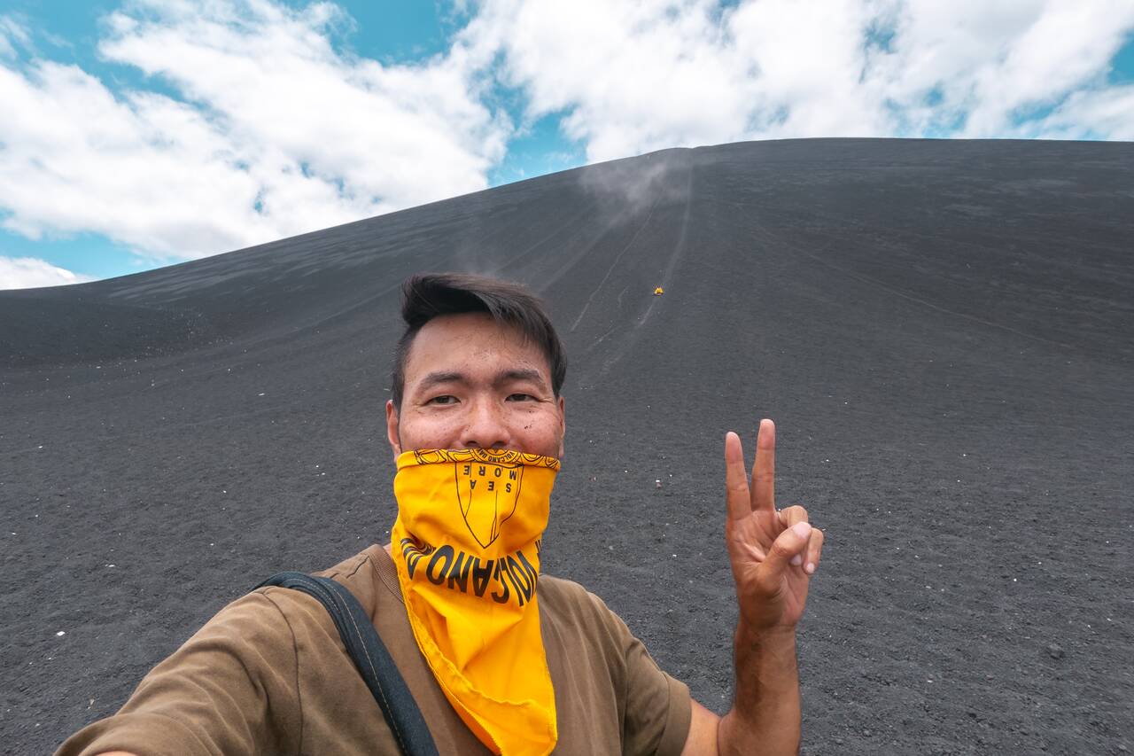 Me after going volcano boarding down Cerro Negro, all safe and sound.