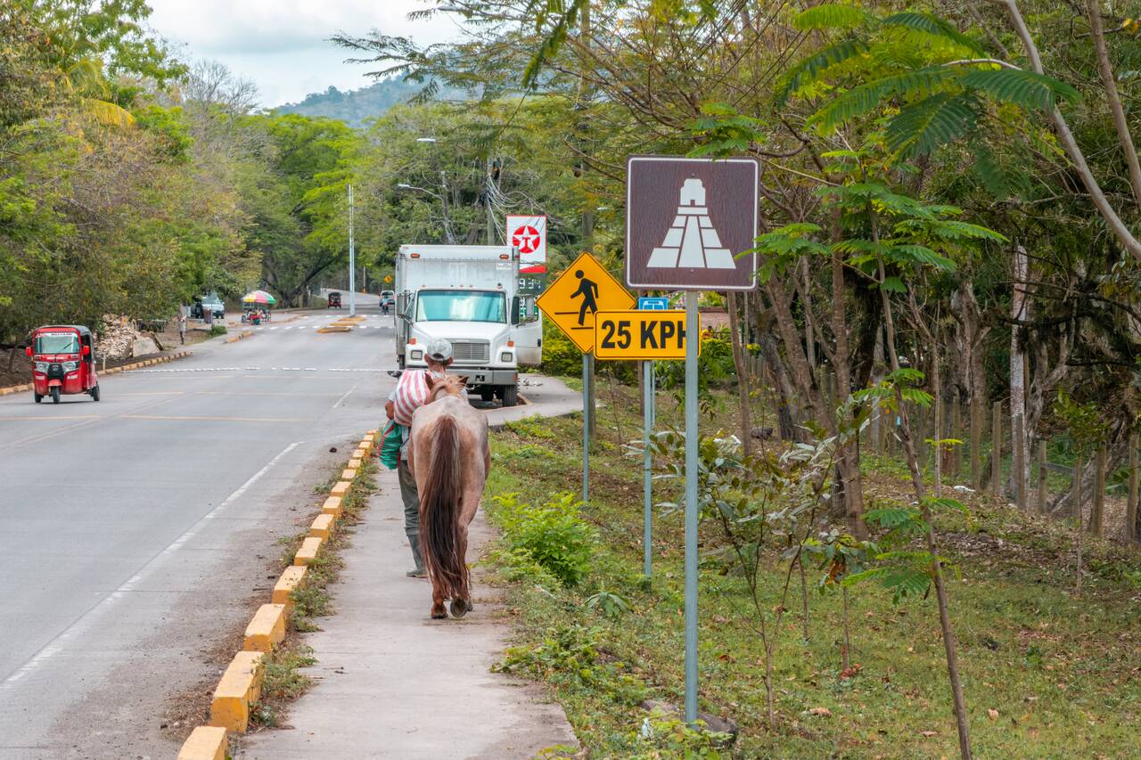 A local and a horse walking along the road in Copan