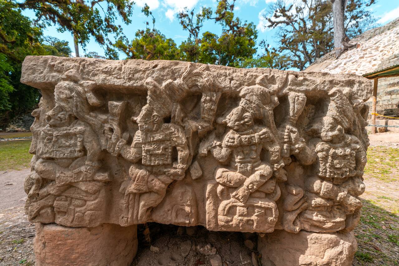 A detailed scupltures at Copan Ruinas