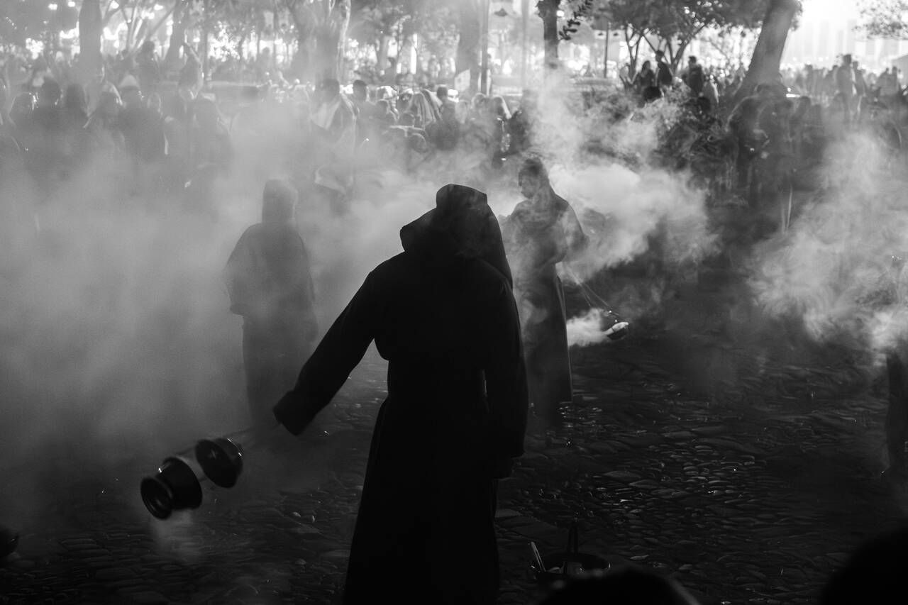 A procession at night in Antigua during Semana Santa