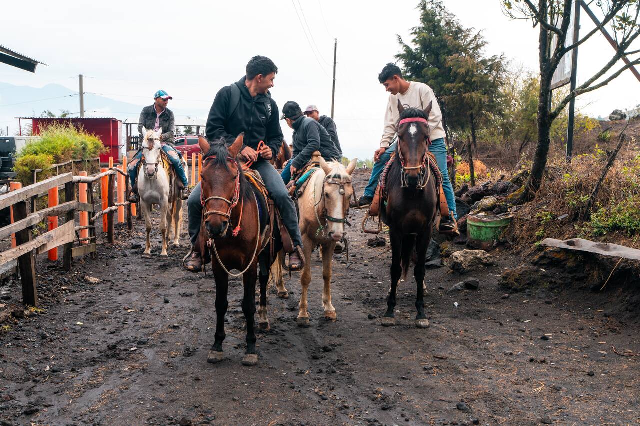 People getting on horses to go up Pacaya Volcano