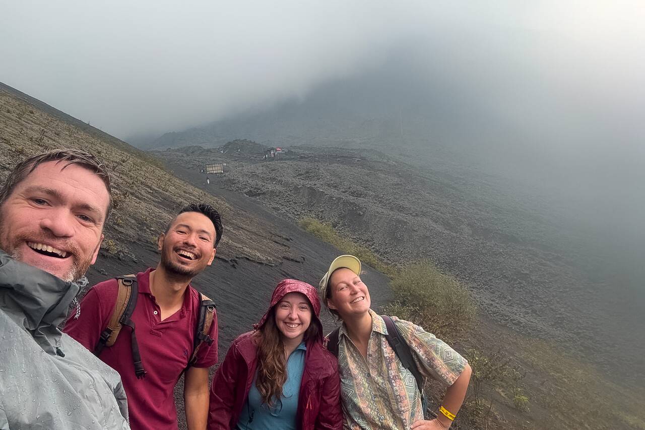 Me and my friends soaked from the rain as we hiked along Pacaya Trail