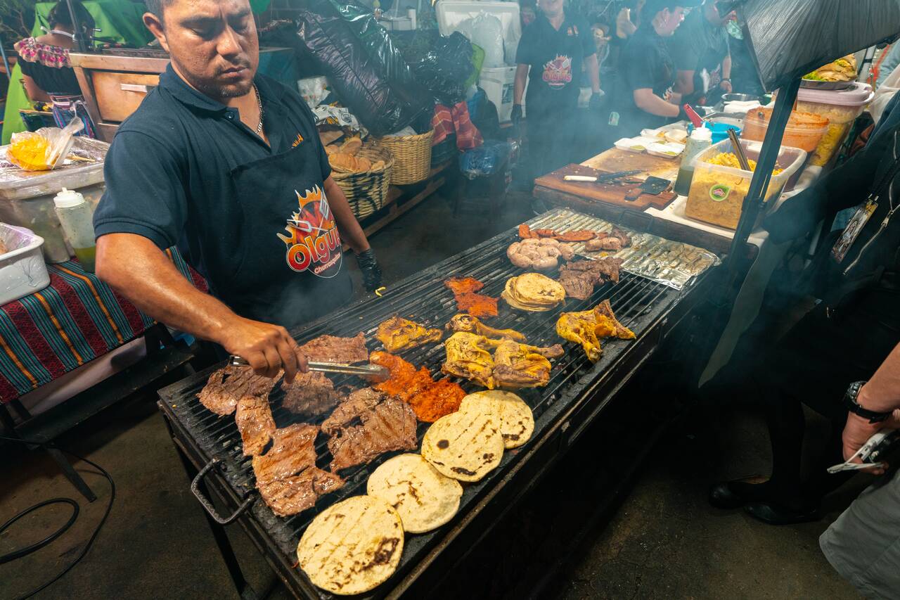 The meat being prepared at Churrasquitos Olguis at the weekend food market in Antigua