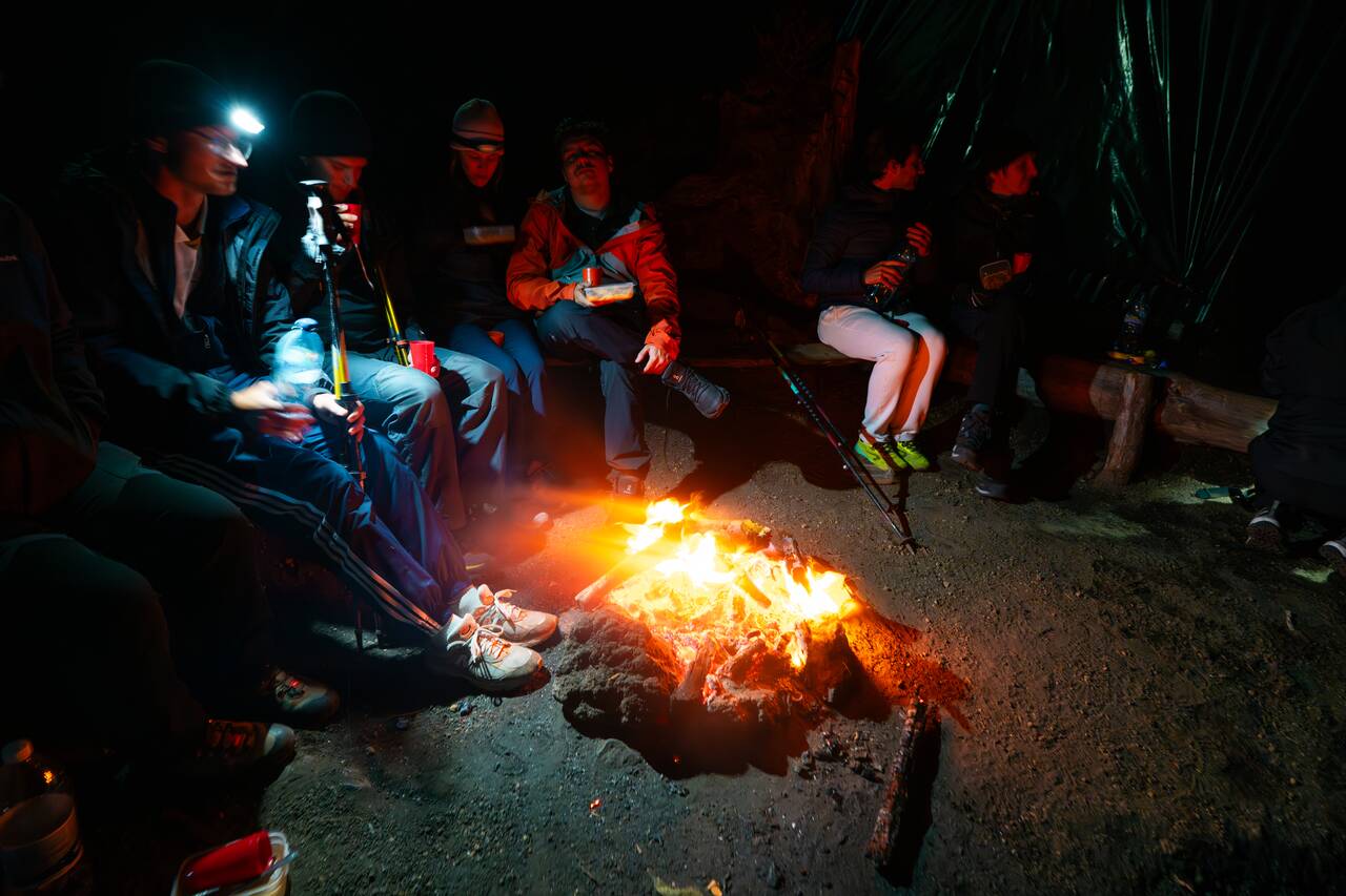 Our group gathering at the campsite after Fuego hike