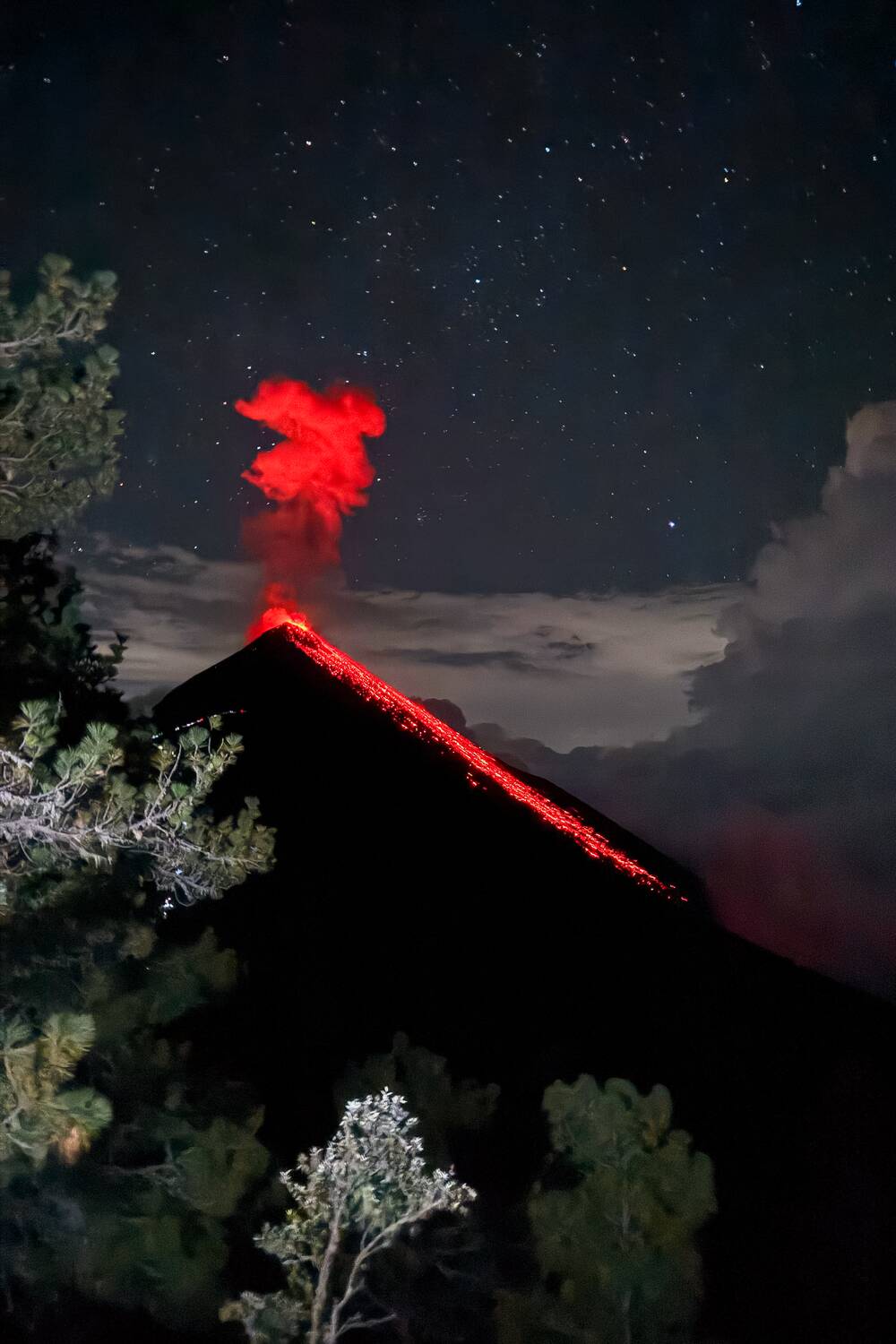 Fuego eruption with lava running down the side