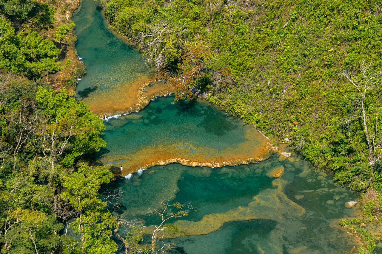 Up close shot of the cascades of Semuc Champey seen from the viewpoint