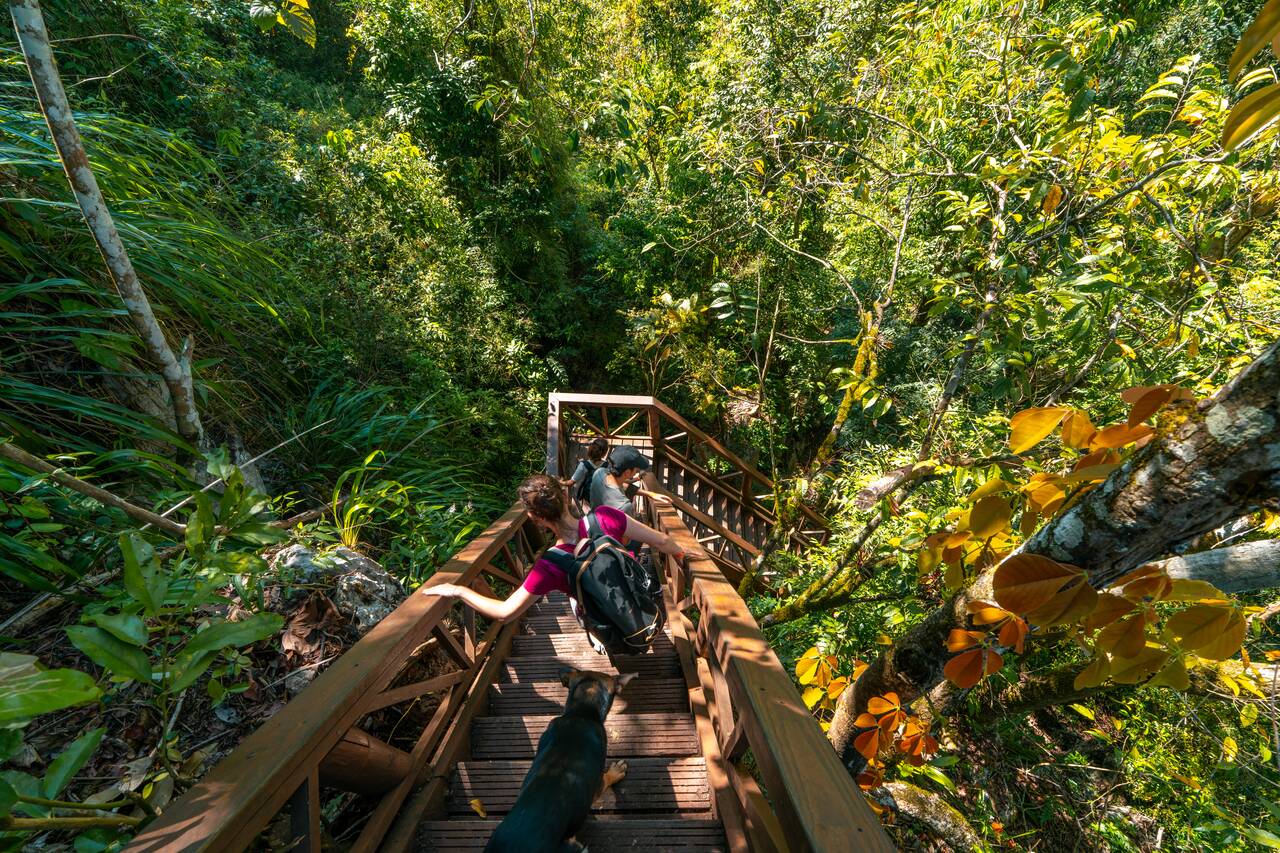 People hiking down to the pool from the viewpoint in Semuc Champey