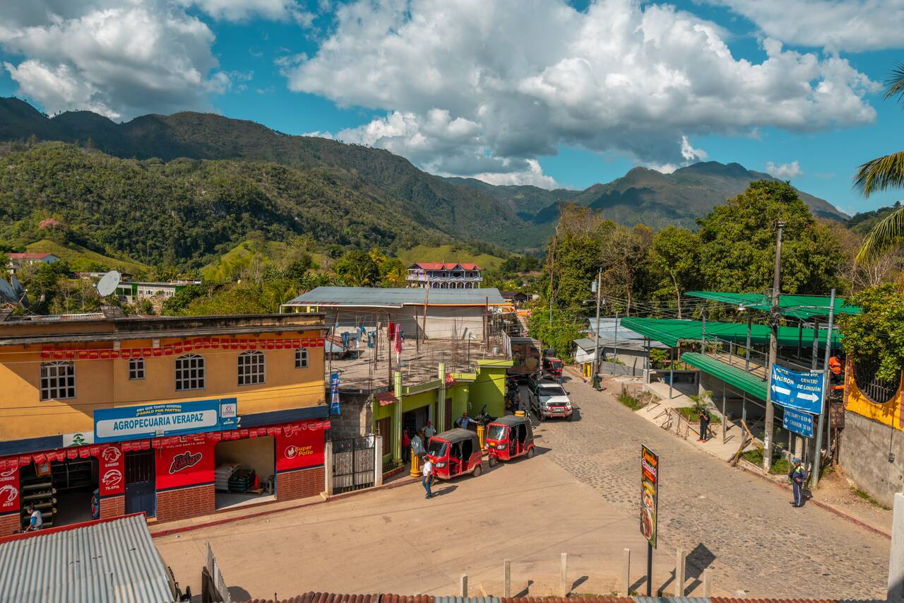 Lanquín Town surrounded by mountains seen from above
